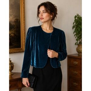 Vintage Teal Blue Velvet Cropped Evening Jacket 80s Puff Sleeve Glam 14 Romantic
